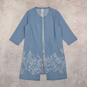 Chico's Chambray Eyelet Fringe Trim Duster Jacket - 2 or Large